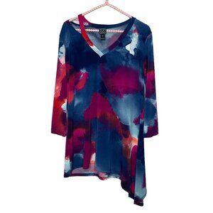 Clara Sun Woo XS Purple Blue Watercolor Asymmetrical Hem‎ Stretch Knit Tunic Top